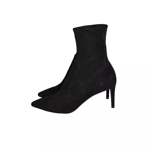 $650 Stuart Weitzman Stretch Suede POINTY TOE HEEL Booties Black Sock 7 (PB21) - Picture 4 of 8